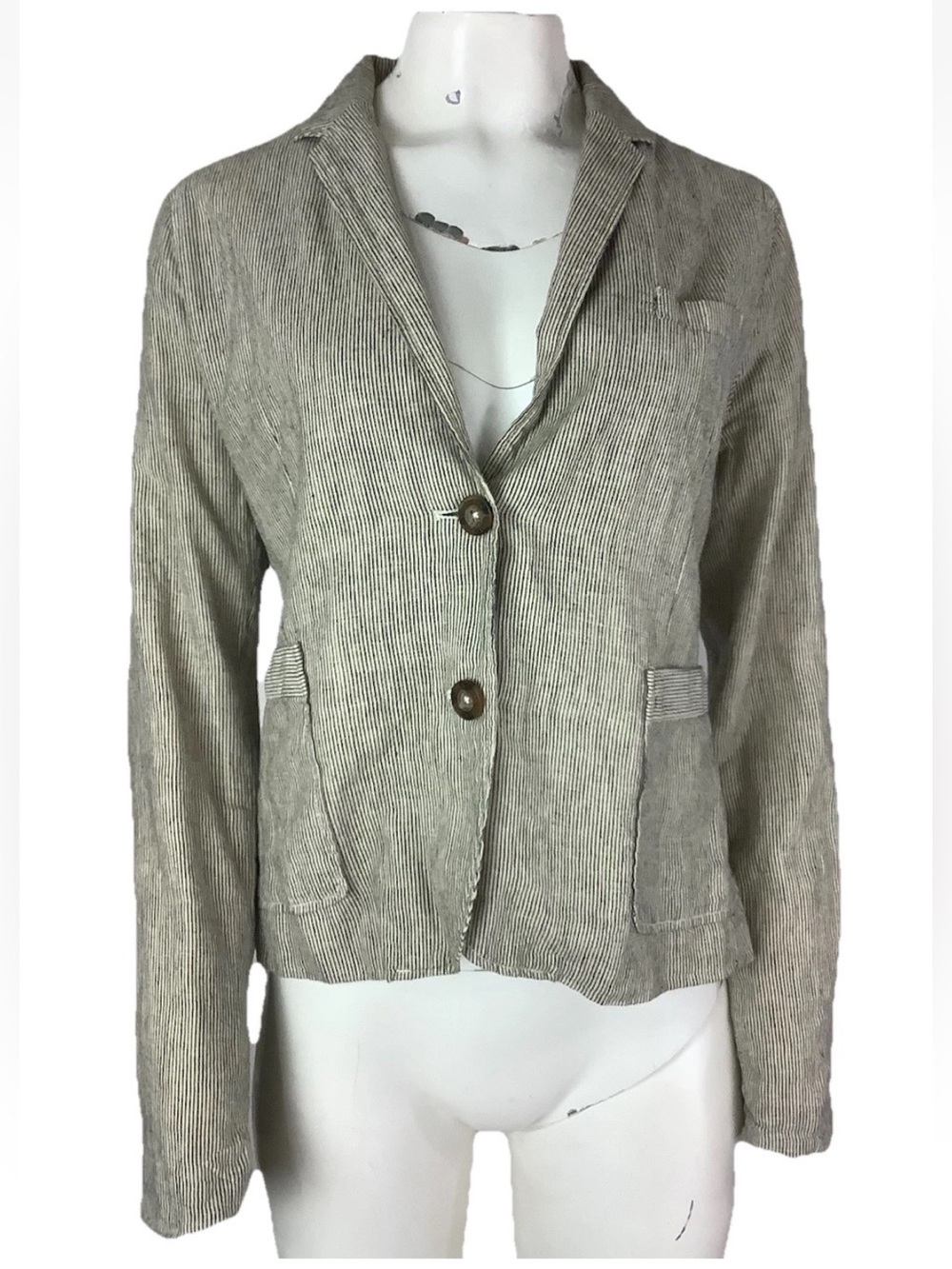 I Love H81 Sz L Microstriped Cotton Linen Button Front Lightweight Blazer Tan